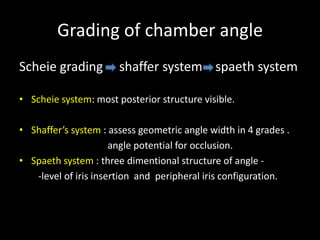 Grading of chamber angle
Scheie grading         shaffer system spaeth system

• Scheie system: most posterior structure visible.

• Shaffer’s system : assess geometric angle width in 4 grades .
                      angle potential for occlusion.
• Spaeth system : three dimentional structure of angle -
   -level of iris insertion and peripheral iris configuration.
 