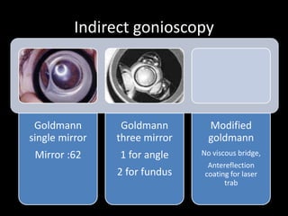 Indirect gonioscopy




 Goldmann        Goldmann        Modified
single mirror   three mirror     goldmann
 Mirror :62     1 for angle    No viscous bridge,
                                 Antereflection
                2 for fundus    coating for laser
                                      trab
 