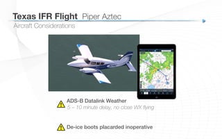 Aircraft Considerations
Texas IFR Flight
 Piper Aztec
ADS-B Datalink Weather!
5 – 10 minute delay, no close WX flying
!
De-ice boots placarded inoperative
 