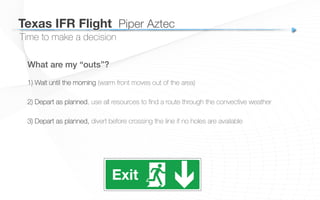Time to make a decision
Texas IFR Flight
 Piper Aztec
What are my “outs”?
1) Wait until the morning (warm front moves out of the area)
2) Depart as planned, use all resources to ﬁnd a route through the convective weather
3) Depart as planned, divert before crossing the line if no holes are available
 