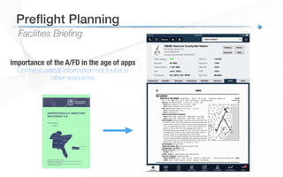 Facilities Briefing
Preﬂight Planning!
Importance of the A/FD in the age of apps
Contains critical information not found in
other resources
 