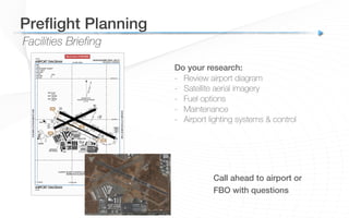 Facilities Briefing
Preﬂight Planning!
Do your research:
-  Review airport diagram
-  Satellite aerial imagery
-  Fuel options
-  Maintenance
-  Airport lighting systems & control
Call ahead to airport or!
FBO with questions!
 
