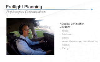 Physiological Considerations
Preﬂight Planning!
• Medical Certiﬁcation!
• IMSAFE
-  Illness
-  Medication
-  Stress
-  Alcohol (+passenger considerations)
-  Fatigue
-  Eating
 