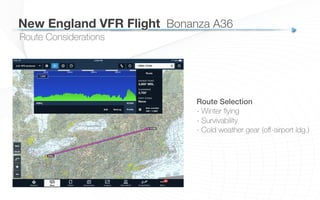Route Considerations
New England VFR Flight
 Bonanza A36
Route Selection!
- Winter ﬂying
- Survivability
- Cold weather gear (oﬀ-airport ldg.)
 