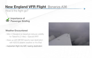 How’d the ﬂight go?
New England VFR Flight
 Bonanza A36
Weather Encountered
- Mist in Cleveland at departure reduces visibility
for Takeoﬀ to 2 miles – Special VFR?
- Keep up with METAR reports near destination
with ADS-B datalink weather on the iPad
- Inadvertent ﬂight into IMC nearing destination
Importance of!
Passenger Brieﬁng!
 