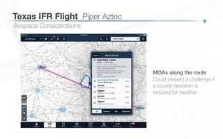 MOAs along the route!
Could present a challenge if
a course deviation is
required for weather
Airspace Considerations
Texas IFR Flight
 Piper Aztec
 