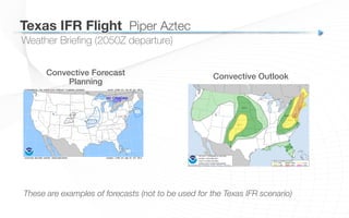 Weather Brieﬁng (2050Z departure)
Texas IFR Flight
 Piper Aztec
Convective Forecast
Planning!
Convective Outlook!
These are examples of forecasts (not to be used for the Texas IFR scenario)
 