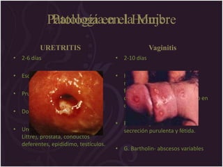 Patología en la Mujer
             Patología en el Hombre
            URETRITIS                                Vaginitis
• 2-6 días                             • 2-10 días

• Escurrimiento mucopurulento          • Inflamación difusa de la
                                         mucosa, con gotas
• Prurito                                fibrinopurulentas que al
                                         despegarse dejan un sangrado en
                                         capa.
• Dolor, Febrícula, Inflamación
                                       • Prurito flujo hasta abundante
• Uretra (G. de                          secreción purulenta y fétida.
  Littre), próstata, conductos
  deferentes, epidídimo, testículos.
                                       • G. Bartholin- abscesos variables
 