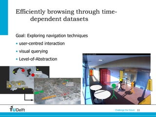11Challenge the future
Efficiently browsing through time-
dependent datasets
Goal: Exploring navigation techniques
• user-centred interaction
• visual querying
• Level-of-Abstraction
 