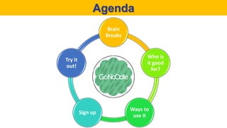 Agenda
Brain
Breaks
Who is
it good
for?
Ways to
use it
Sign up
Try it
out!
 