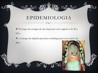 epidemiologiaEl riesgo de contagio de una mujer por sexo vaginal es de 40 a 60%, y el riesgo de adquirir gonorrea orofaríngeapor sexo oral es de 20%.