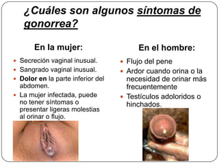 ¿Cuáles son algunos síntomas de
   gonorrea?

       En la mujer:                     En el hombre:
 Secreción vaginal inusual.        Flujo del pene
 Sangrado vaginal inusual.         Ardor cuando orina o la
 Dolor en la parte inferior del     necesidad de orinar más
  abdomen.                           frecuentemente
 La mujer infectada, puede         Testículos adoloridos o
  no tener síntomas o                hinchados.
  presentar ligeras molestias
  al orinar o flujo.
 