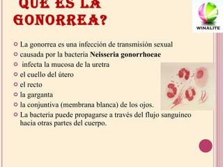 QUE ES LA GONORREA? La gonorrea es una infección de transmisión sexual  causada por la bacteria  Neisseria gonorrhoeae   infecta la mucosa de la uretra  el cuello del útero el recto la garganta  la conjuntiva (membrana blanca) de los ojos. La bacteria puede propagarse a través del flujo sanguíneo hacia otras partes del cuerpo. 