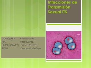 Infecciones de
Transmisión
Sexual ITS
GONORREA Raquel Uceta.
HPV Rosa Quiroz.
HERPES GENITAL Francis Taveras.
SÍFILIS Deyaneris Jiménez.
 