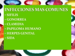 SIFILIS
 GONORREA
 CLAMIDIA
 PAPILOMA HUMANO
 HERPES GENITAL
 SIDA
 