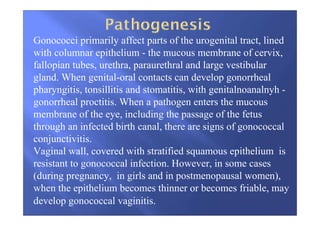 Gonococci primarily affect parts of the urogenital tract, lined
with columnar epithelium - the mucous membrane of cervix,
fallopian tubes, urethra, paraurethral and large vestibular
gland. When genital-oral contacts can develop gonorrheal
pharyngitis, tonsillitis and stomatitis, with genitalnoanalnyh -
gonorrheal proctitis. When a pathogen enters the mucous
membrane of the eye, including the passage of the fetus
through an infected birth canal, there are signs of gonococcal
conjunctivitis.
Vaginal wall, covered with stratified squamous epithelium is
resistant to gonococcal infection. However, in some cases
(during pregnancy, in girls and in postmenopausal women),
when the epithelium becomes thinner or becomes friable, may
develop gonococcal vaginitis.
 