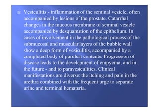 Vesiculitis - inflammation of the seminal vesicle, often
accompanied by lesions of the prostate. Catarrhal
changes in the mucous membrane of seminal vesicle
accompanied by desquamation of the epithelium. In
cases of involvement in the pathological process of the
submucosal and muscular layers of the bubble wall
show a deep form of vesiculitis, accompanied by a
completed body of purulent contents. Progression of
disease leads to the development of empyema, and in
the future - and to paravesiculities. Clinical
manifestations are diverse: the itching and pain in the
urethra combined with the frequent urge to separate
urine and terminal hematuria.
 