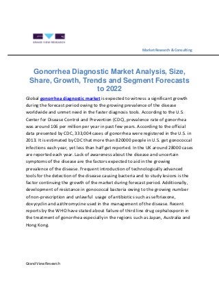 Grand View Research
Market Research & Consulting
Gonorrhea Diagnostic Market Analysis, Size,
Share, Growth, Trends and Segment Forecasts
to 2022
Global gonorrhea diagnostic market is expected to witness a significant growth
during the forecast period owing to the growing prevalence of the disease
worldwide and unmet need in the faster diagnosis tools. According to the U.S.
Center for Disease Control and Prevention (CDC), prevalence rate of gonorrhea
was around 106 per million per year in past few years. According to the official
data presented by CDC, 333,004 cases of gonorrhea were registered in the U.S. in
2013. It is estimated by CDC that more than 820000 people in U.S. get gonococcal
infections each year, yet less than half get reported. In the UK around 28000 cases
are reported each year. Lack of awareness about the disease and uncertain
symptoms of the disease are the factors expected to aid in the growing
prevalence of the disease. Frequent introduction of technologically advanced
tools for the detection of the disease causing bacteria and to study lesions is the
factor continuing the growth of the market during forecast period. Additionally,
development of resistance in gonococcal bacteria owing to the growing number
of non-prescription and unlawful usage of antibiotics such as seftriaxone,
doxycyclin and azithromycine used in the management of the disease. Recent
reports by the WHO have stated about failure of third line drug cephalosporin in
the treatment of gonorrhea especially in the regions such as Japan, Australia and
Hong Kong.
 