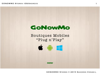 GONOWMO Stores iOS/Android
Boutiques Mobiles
“Plug n’Play”
GONOWMOGONOWMO
NOW
GONOWMO Stores © 2015 Sahores Conseil
1
 