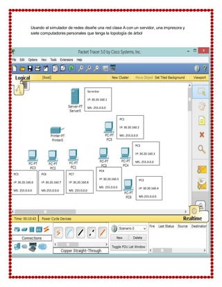 Usando el simulador de redes diseñe una red clase A con un servidor, una impresora y 
siete computadores personales que tenga la topología de árbol 
PC6 
IP: 30.20.160.7 
MS:255.0.0.0 
PC7 
IP: 30.20.160.8 
MS: 255.0.0.0 
PC2 
IP: 30.20.160.3 
MS: 255.0.0.0 
PC5 
IP: 30.20.160.6 
MS: 255.0.0.0 
PC3 
IP: 30.20.160.4 
MS:255.0.0.0 
PC4 
IP: 30.20.160.5 
MS: 255.0.0.0 
PC1 
IP: 30.20.160.2 
MS: 255.0.0.0 
Servidor 
IP: 30.20.160.1 
MS: 255.0.0.0 
 