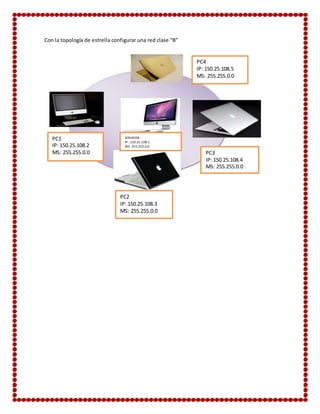 Con la topología de estrella configurar una red clase “B” 
SERVIDOR 
IP: 150.25.108.1 
MS: 255.255.0.0 
PC4 
IP: 150.25.108.5 
MS: 255.255.0.0 
PC1 
IP: 150.25.108.2 
MS: 255.255.0.0 
PC3 
IP: 150.25.108.4 
MS: 255.255.0.0 
PC2 
IP: 150.25.108.3 
MS: 255.255.0.0 
