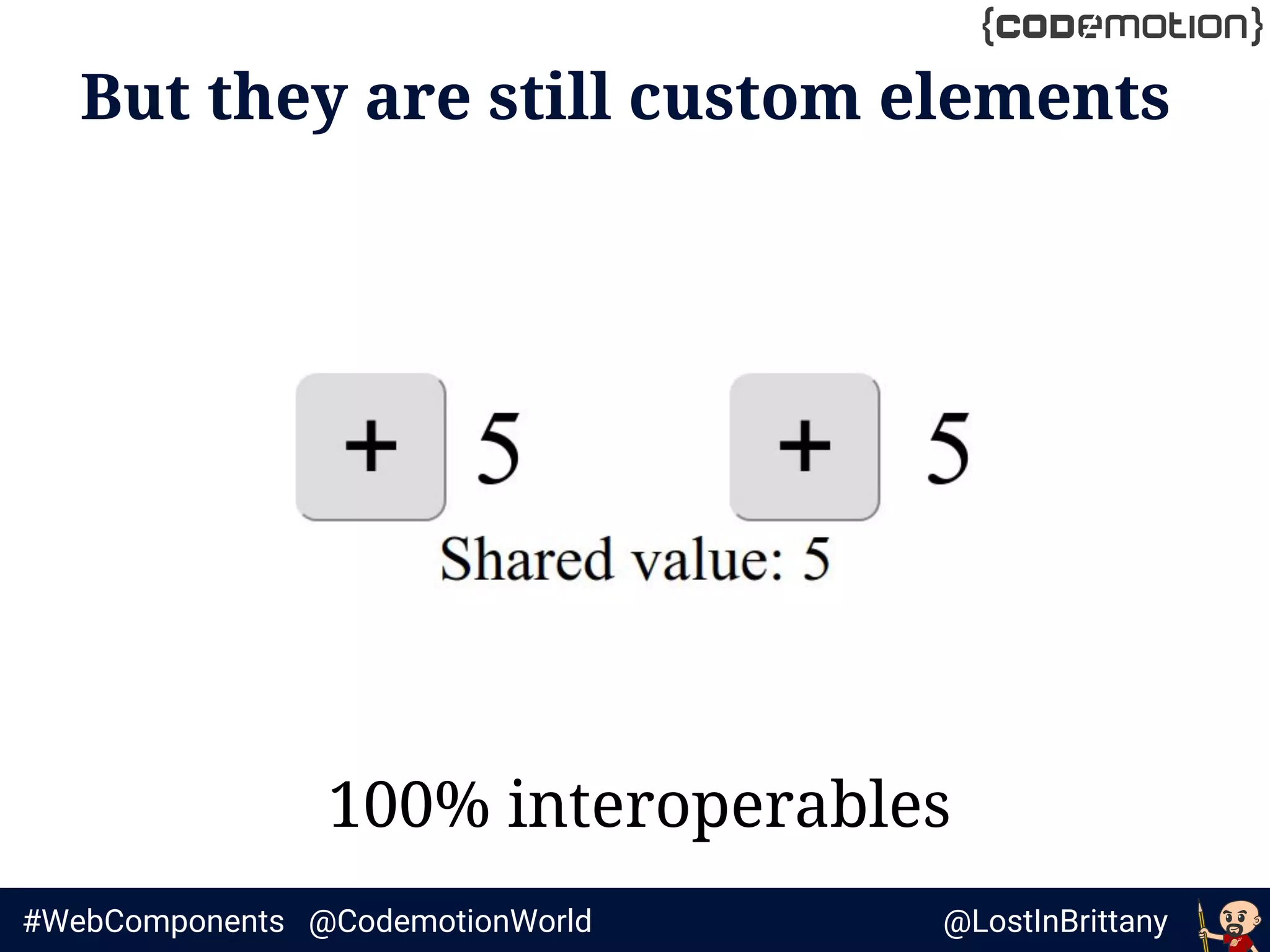 @LostInBrittany#WebComponents @CodemotionWorld
But they are still custom elements
100% interoperables
 