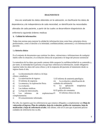 DIAGNOSTICO
Una vez analizado los datos obtenidos en la valoración, se clasificarán los datos de
dependencia y de independencia de cada necesidad, se identificarán las necesidades
alteradas de cada paciente, a partir de las cuales se desarrollaron diagnósticos de
enfermería siguiendo órdenes medicas
1. Calidad de información:
Todas ésta normas para mejorar la calidad de información tiene como base, principios éticos,
profesionales, como el derecho a la intimidad, confidencialidad, autonomía y a la información del
paciente.
La historia clínica
Es el conjunto de documentos que contiene los datos, valoraciones e informaciones de cualquier
índole sobre la situación y la evolución clínica de un paciente a lo largo del proceso asistencial
La naturaleza de los datos que puede contener debe asegurar la confidencialidad de su contenido y,
por tanto, la intimidad de la persona a la que hace referencia la información, siendo obligatorio
registrar todos los datos del curso clínico y de la respuesta del paciente al tratamiento desde su
ingreso hasta el alta.
a) La documentación relativa a la hoja
clínico- estadística.
b) La autorización de ingreso.
c) El informe de urgencia.
d) La amnesia y la exploración física.
e) La evolución.
f) Las órdenes médicas.
g) La hoja de interconsulta.
h) Los informes de exploraciones
complementarias.
i) El consentimiento informado.
1) El informe de anatomía patológica.
m) La evolución y planificación de
cuidados de enfermería.
n) La aplicación terapéutica
de enfermería.
ñ) El gráfico de constantes.
o) El informe clínico de alta.
Por ello, los registros que los enfermeros/as que estamos obligados a complementar son Hoja de
valoración al ingreso, Plan de cuidados, hoja de evolución, gráfico de constantes, hoja de
medicación y hoja de enfermería al alta, éste último, sólo en el caso que el paciente precise
cuidados de enfermería tras su alta.
8
 