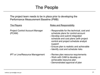 The People The project team needs to be in place prior to developing the Performance Measurement Baseline (PMB) The Players Roles and Responsibility Project Control Account Manager - Responsible for the technical, cost and (PCAM)   schedule plans for control account - Develop and submit integrated   schedule and cost plans (with project   control and project schedule analyst    support - Ensure plan is realistic and achievable - Identify cost and schedule risks IPT or Line/Resource Management - Review plan resource requirements  - Work with CAM to develop an    achievable resource plan - Demonstrated approval of plan [email_address] 