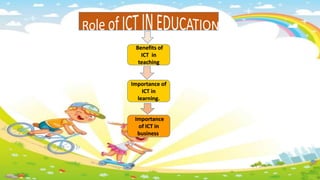 Benefits of
ICT in
teaching
Importance of
ICT in
learning.
Importance
of ICT in
business.
 