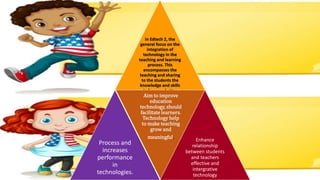 In Edtech 2, the
general focus on the
integration of
technology in the
teaching and learning
process. This
encompasses the
teaching and sharing
to the students the
knowledge and skills
to become better
technology learners.
Process and
increases
performance
in
technologies.
Aim to improve
education
technology, should
facilitate learners.
Technology help
to make teaching
grow and
meaningful. Enhance
relationship
between students
and teachers
effective and
intergrative
technology
 