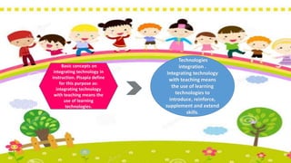 Basic concepts on
integrating technology in
instruction. Pisapia define
for this purpose as:
integrating technology
with teaching means the
use of learning
technologies.
Technologies
integration .
Integrating technology
with teaching means
the use of learning
technologies to
introduce, reinforce,
supplement and extend
skills.
 