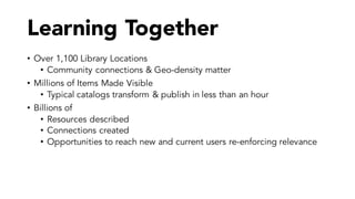 Learning Together
• Over 1,100 Library Locations
• Community connections & Geo-density matter
• Millions of Items Made Visible
• Typical catalogs transform & publish in less than an hour
• Billions of
• Resources described
• Connections created
• Opportunities to reach new and current users re-enforcing relevance
 