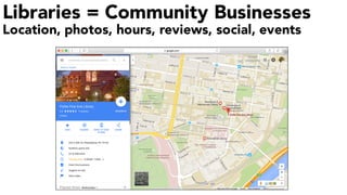 Libraries = Community Businesses
Location, photos, hours, reviews, social, events
 
