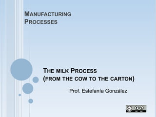 MANUFACTURING 
PROCESSES 
THE MILK PROCESS 
(FROM THE COW TO THE CARTON) 
Prof. Estefanía González 
 