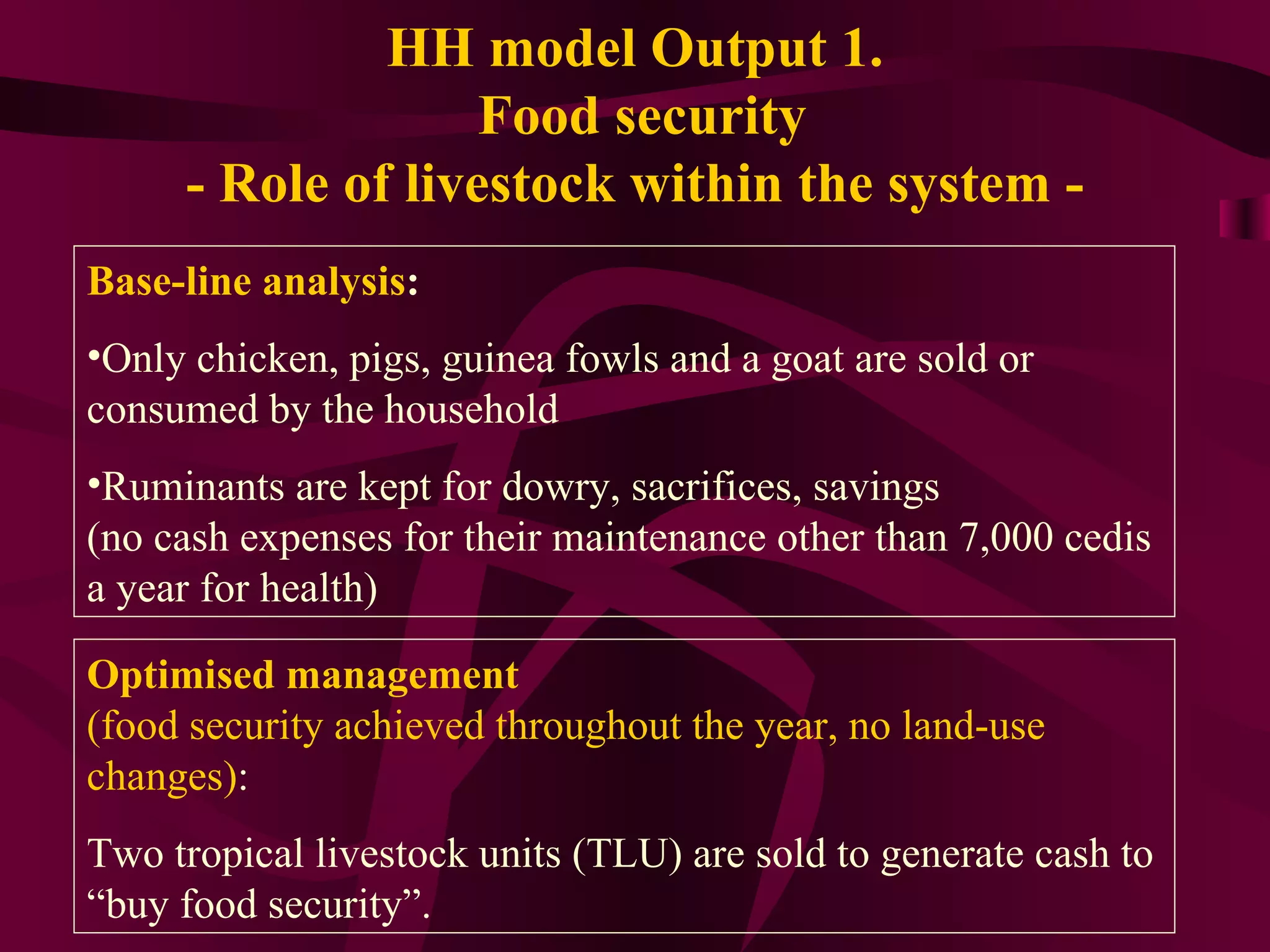 HH model Output 1. Food security - Role of livestock within the system - Base-line analysis : Only chicken, pigs, guinea fowls and a goat are sold or consumed by the household Ruminants are kept for dowry, sacrifices, savings  (no cash expenses for their maintenance other than 7,000 cedis a year for health) Optimised management  (food security achieved throughout the year, no land-use changes) : Two tropical livestock units (TLU) are sold to generate cash to “buy food security”. 