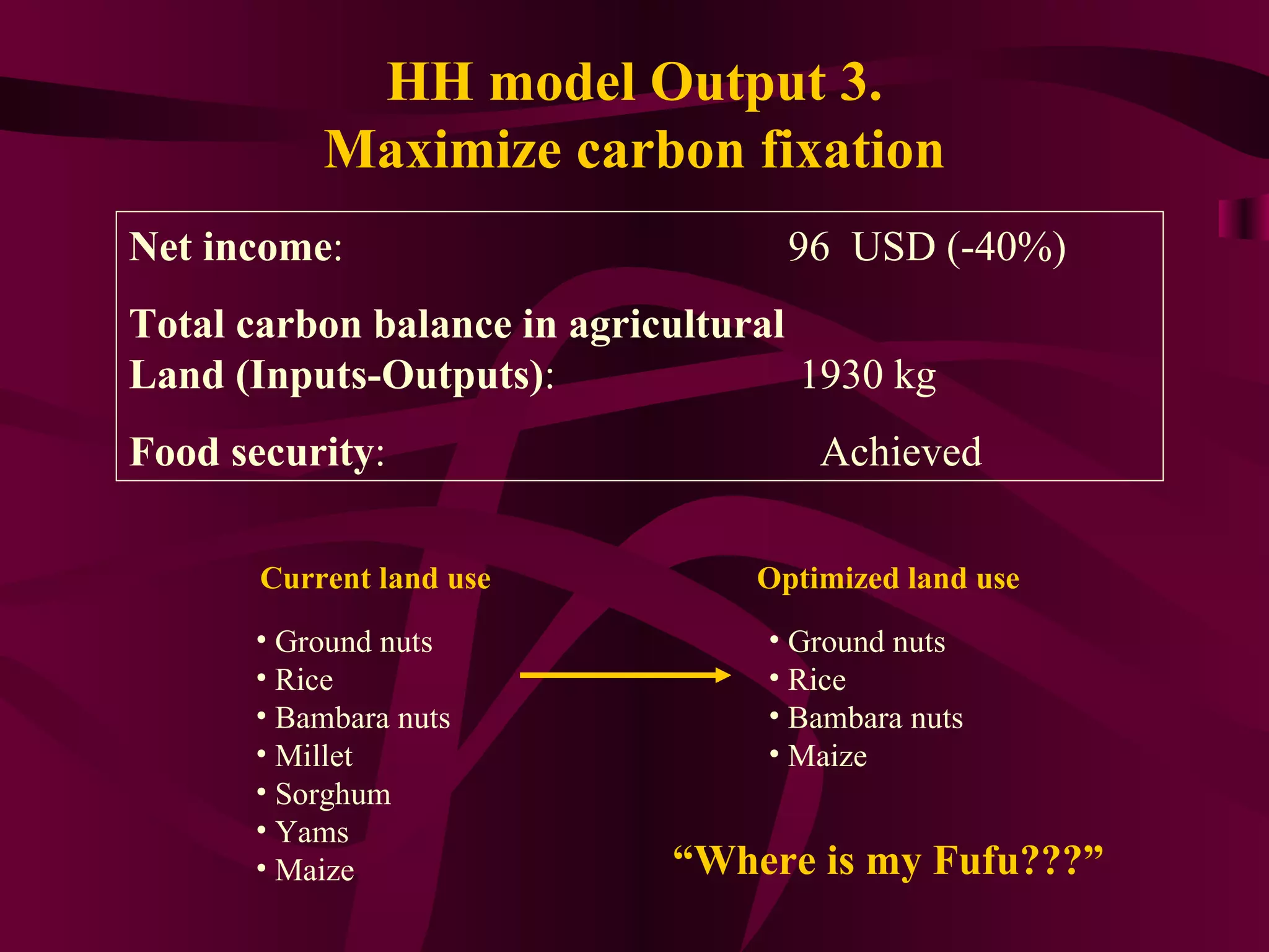 HH model Output 3. Maximize carbon fixation Net income :  96  USD (-40%) Total carbon balance in agricultural Land (Inputs-Outputs) :  1930 kg Food security :  Achieved “ Where is my Fufu???” Ground nuts Rice Bambara nuts Millet Sorghum Yams Maize Current land use Ground nuts Rice Bambara nuts Maize Optimized land use 