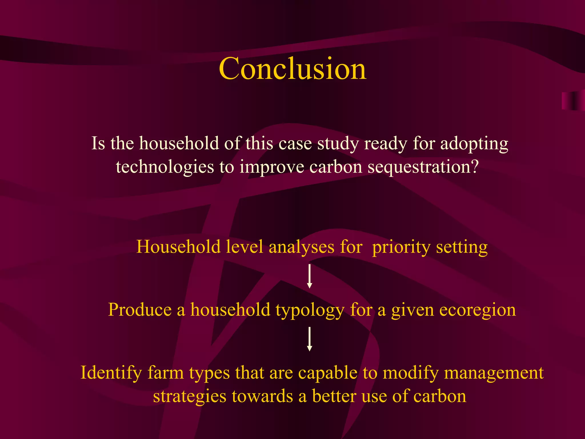 Conclusion Is the household of this case study ready for adopting technologies to improve carbon sequestration? Household level analyses for  priority setting Produce a household typology for a given ecoregion Identify farm types that are capable to modify management strategies towards a better use of carbon 