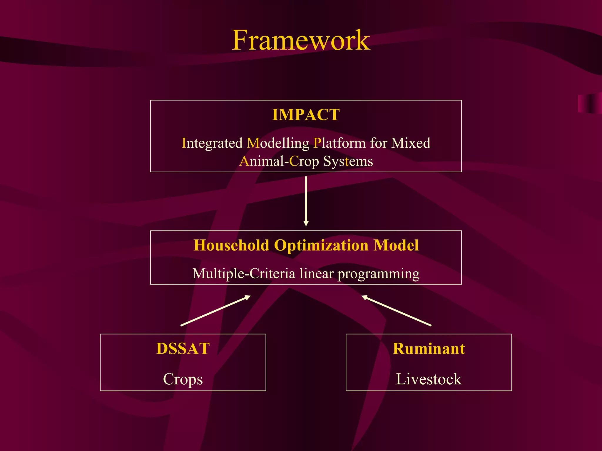 IMPACT I ntegrated  M odelling  P latform for Mixed  A nimal- C rop Sys t ems Framework Household Optimization Model Multiple-Criteria linear programming DSSAT Crops Ruminant Livestock 