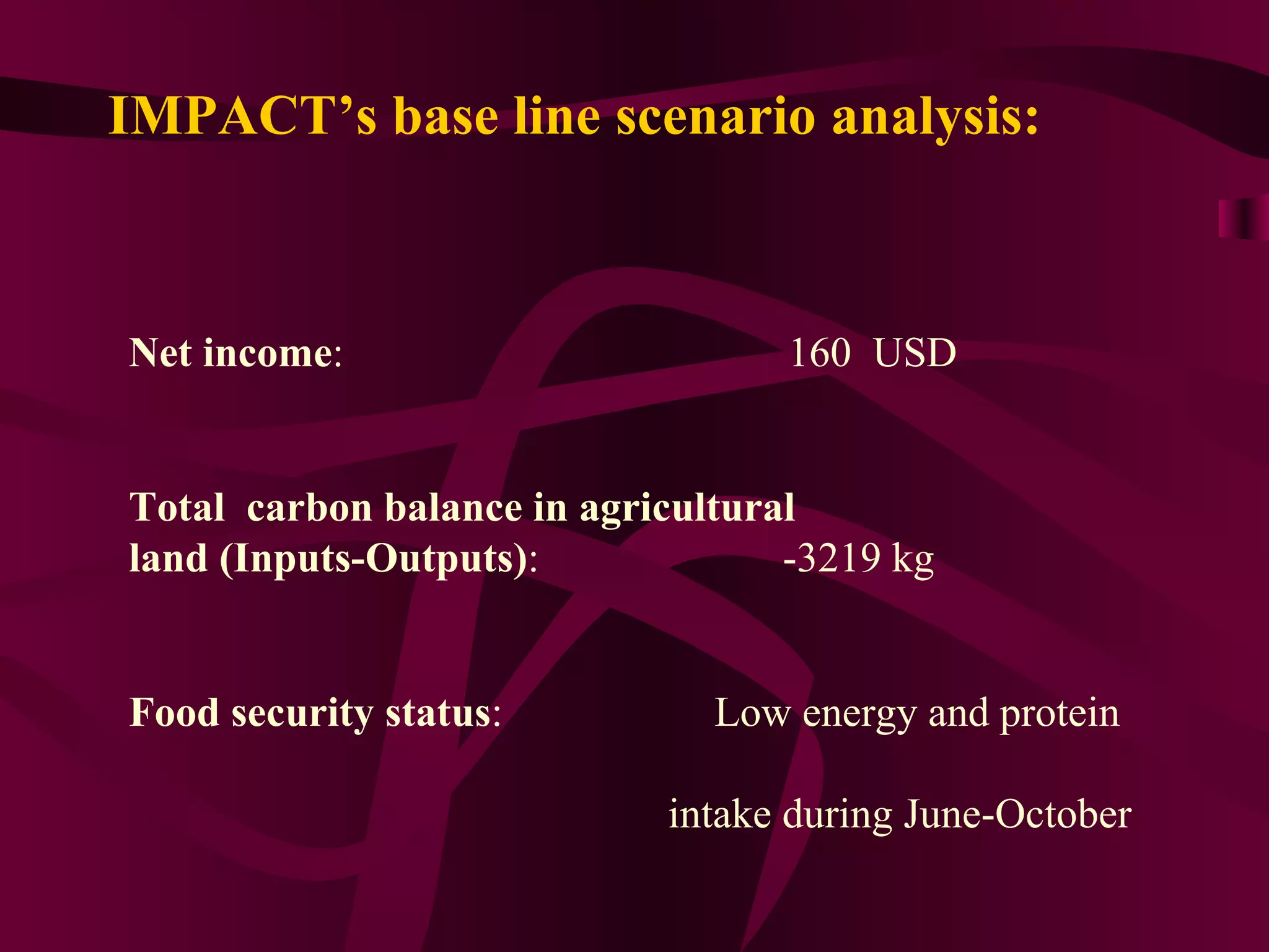 IMPACT’s base line scenario analysis: Net income :  160  USD Total  carbon balance in agricultural land (Inputs-Outputs) :  -3219 kg Food security status :  Low energy and protein  intake during June-October 