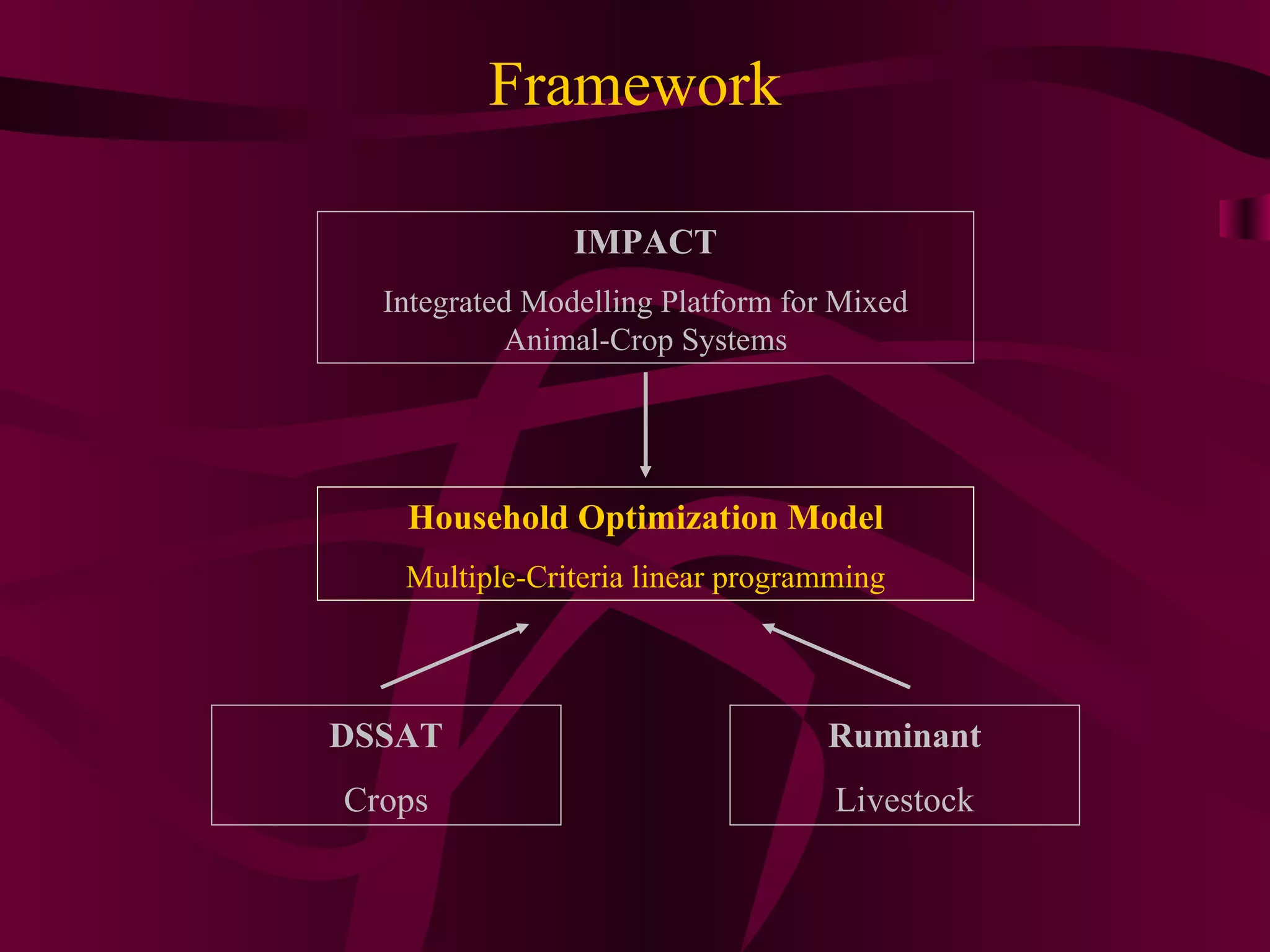 IMPACT Integrated Modelling Platform for Mixed Animal-Crop Systems Household Optimization Model Multiple-Criteria linear programming Framework DSSAT Crops Ruminant Livestock 