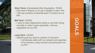 GOALS
Short Term: (Immediately After Graduation, YEAR)
• Get hired in Mexico or an opt in Seattle or New York
• I will use contacts of potential jobs I’ll contact as my
KPI.
Mid Term: (YEAR)
• I want to help independent artists to use their timing
correctly in order to gain popularity, I will use
negotiation as my KSI.
Long Term: (YEAR)
• Speci
fi
c goal you want to achieve in long term.
‣ I will elevate starts with my network and expertise
in the industry, using revenue and persuasion as
my KPI.
 