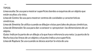 TIPOS:
Linea oculta: Se usa para mostrar superficies bordes o esquinas de un objeto que
están ocultas a la vista.
Línea de Centro: Se usa para mostrar centros de cavidades y características
simétricas.
Línea de Simetría: Se utiliza cuando se dibujan vistas parciales de piezas simétricas.
Línea de Dimensión: Se usa para dar a conocer o «proyectar» las dimensiones de un
objeto.
Guías: Indican la parte de un dibujo a la que hace referencia una nota. La punta de la
flecha toca las líneas de un objeto y el punto indica una superficie.
Línea de Ruptura: Se usa cuando se desea acortar la vista de una
 