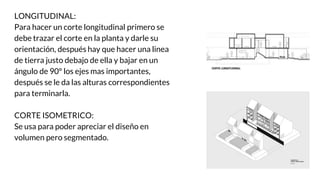 LONGITUDINAL:
Para hacer un corte longitudinal primero se
debe trazar el corte en la planta y darle su
orientación, después hay que hacer una linea
de tierra justo debajo de ella y bajar en un
ángulo de 90º los ejes mas importantes,
después se le da las alturas correspondientes
para terminarla.
CORTE ISOMETRICO:
Se usa para poder apreciar el diseño en
volumen pero segmentado.
 