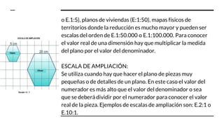 o E.1:5), planos de viviendas (E:1:50), mapas físicos de
territorios donde la reducción es mucho mayor y pueden ser
escalas del orden de E.1:50.000 o E.1:100.000. Para conocer
el valor real de una dimensión hay que multiplicar la medida
del plano por el valor del denominador.
ESCALA DE AMPLIACIÓN:
Se utiliza cuando hay que hacer el plano de piezas muy
pequeñas o de detalles de un plano. En este caso el valor del
numerador es más alto que el valor del denominador o sea
que se deberá dividir por el numerador para conocer el valor
real de la pieza. Ejemplos de escalas de ampliación son: E.2:1 o
E.10:1.
 