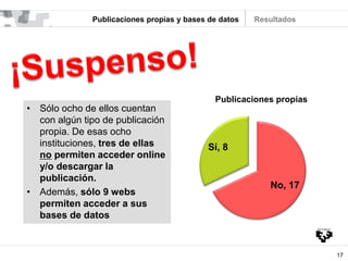 17
Publicaciones propias y bases de datos
• Sólo ocho de ellos cuentan
con algún tipo de publicación
propia. De esas ocho
instituciones, tres de ellas
no permiten acceder online
y/o descargar la
publicación.
• Además, sólo 9 webs
permiten acceder a sus
bases de datos
Resultados
No, 17
Sí, 8
Publicaciones propias
 