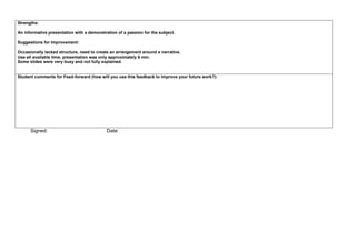 Strengths:
An informative presentation with a demonstration of a passion for the subject.
Suggestions for Improvement:
Occasionally lacked structure, need to create an arrangement around a narrative.
Use all available time, presentation was only approximately 6 min.
Some slides were very busy and not fully explained.
Student comments for Feed-forward (how will you use this feedback to improve your future work?):
Signed: Date:
 