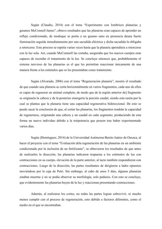 Según (Claudio, 2014) con el tema “Experimento con lombrices planarias y
gusanos McConnell James”, obtuvo resultados que las planarias eran capaces de aprender un
reflejo condicionado, de modoque se ponía a un gusano sano en presencia deuna fuerte
iluminación seguida inmediatamente por una sacudida eléctrica y dicha sacudida la obligaba
a retorcerse. Este proceso se repetía varias veces hasta que la planaria aprendiera a retorcerse
con la luz sola. Así, cuando McComnell las cortaba, aseguraba que los nuevos cuerpos eran
capaces de recordar el tratamiento de la luz. Se concluye entonces que, probablemente el
sistema nervioso de las planarias es el que les permitían reaccionar únicamente de una
manera frente a los estímulos que se les presentaban como tratamiento.
Según (Alvarado, 2006) con el tema “Regencración planaria”, mostró el resultado
de que cuando una planaria se corta horizontalmente en varios fragmentos, cada uno de ellos
es capaz de regenerar un animal completo, de modo que de la región anterior de] fragmento
se originaría la cabeza y de la posterior emergería la porción caudal, siendo esta razón por la
cual se plantea que la planaria tiene una capacidad regenerativa bidireccional. De esto se
puede sacar la conclusión de que, al cortar las planarias, los fragmentos tendrán la capacidad
de regenerarse, originando una cabeza y un caudal en cada segmento, produciendo de esta
forma un nuevo individuo debido a la totipotencia que poseen tras haber experimentado
varios días.
Según (Domínguez, 2014) de la Universidad Autónoma Benito Juárez de Oaxaca, al
hacer el proyecto con el tema “Evaluación dela regeneración de las planarias en un ambiente
condicionado por la inclusión de un fertilizante”, se obtuvieron los resultados de que antes
de realizarles la disección, las planarias indicaron respuesta a los estímulos de luz con
contracciones en su cuerpo, elevación de la parte anterior, al tacto también respondieron con
contracciones. Luego de la disección, las partes resultantes de dirigieron a lados opuestos
moviéndose por la caja de Petri. Sin embargo, al cabo de unos 5 días, algunas planarias
estaban muertas y no se podía observar su morfología, solo pedazos. Con esto se concluye,
que evidentemente las planarias huyen de la luz y reaccionan presentando contracciones.
Además, al realizarse los cortes, no todas las partes logran sobrevivir, ni mucho
menos cumplir con el proceso de regeneración, esto debido a factores diferentes, como el
medio en el que se encontraban.
 