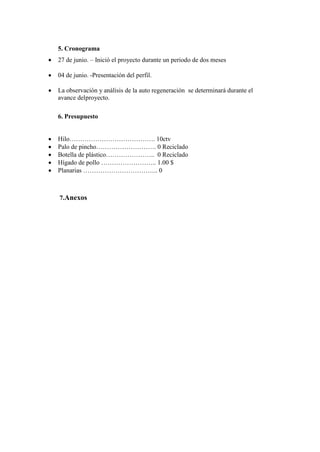 5. Cronograma
 27 de junio. – Inició el proyecto durante un periodo de dos meses
 04 de junio. -Presentación del perfil.
 La observación y análisis de la auto regeneración se determinará durante el
avance delproyecto.
6. Presupuesto
 Hilo…………………………………. 10ctv
 Palo de pincho………………………. 0 Reciclado
 Botella de plástico………………….. 0 Reciclado
 Hígado de pollo …………………….. 1.00 $
 Planarias …………………………….. 0
7.Anexos
 