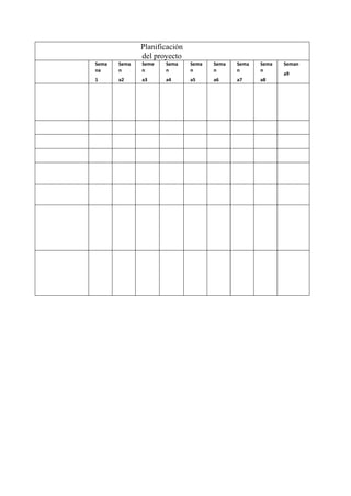 Planificación
del proyecto
Sema
na
1
Sema
n
a2
Seme
n
a3
Sema
n
a4
Sema
n
a5
Sema
n
a6
Sema
n
a7
Sema
n
a8
Seman
a9
 