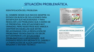 IDENTIFICACIÓN DEL PROBLEMA
EL HOMBRE DESDE SUS INICIOS SIEMPRE HA
ESTADO EN BUSCA DE SOLUCIONES PARA
SATISFACER SUS NECESIDADES Y PARA
RESOLVER LOS PROBLEMAS QUE A DIARIO SE
LE PRESENTAN. SON SITUACIONES MUY
VARIADAS, PERO NOSOTROS NOS VAMOS A
CENTRAR EN AQUELLAS QUE ESTÁN
RELACIONADAS CON LA RESOLUCIÓN DE
PROBLEMAS TECNOLÓGICOS. ES DECIR,
ESTUDIAREMOS LAS SITUACIONES
PROBLEMÁTICAS O NECESIDADES QUE
PODAMOS RESOLVER MEDIANTE EL DISEÑO Y
LA FABRICACIÓN DE ALGÚN DISPOSITIVO,
MÁQUINA O SISTEMA TÉCNICO.
.SITUACIÓN PROBLEMÁTICA.

 